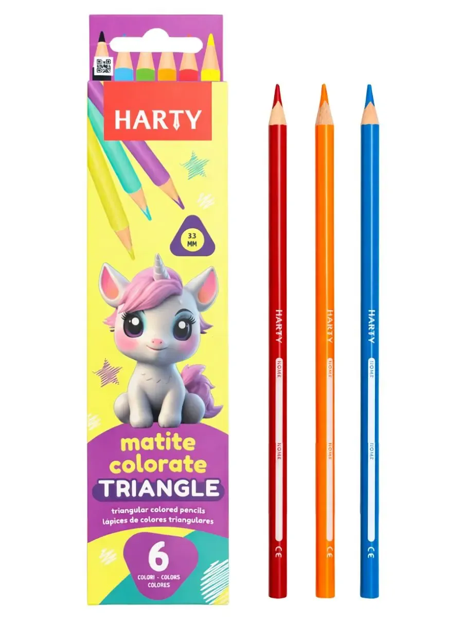 Caja de 6 colores triangulares Harty con mina gruesa de 3.3 mm.