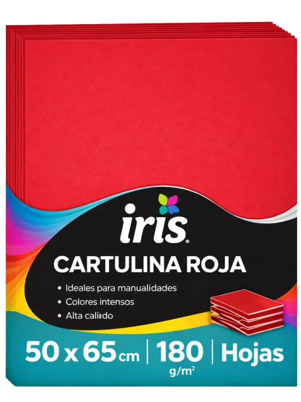Cartulina Iris 50x65 cm 180g (Paq. c/10 pzs) – Rojo Paquete de 10 cartulinas Iris rojas Padcolor de 180 gramos.