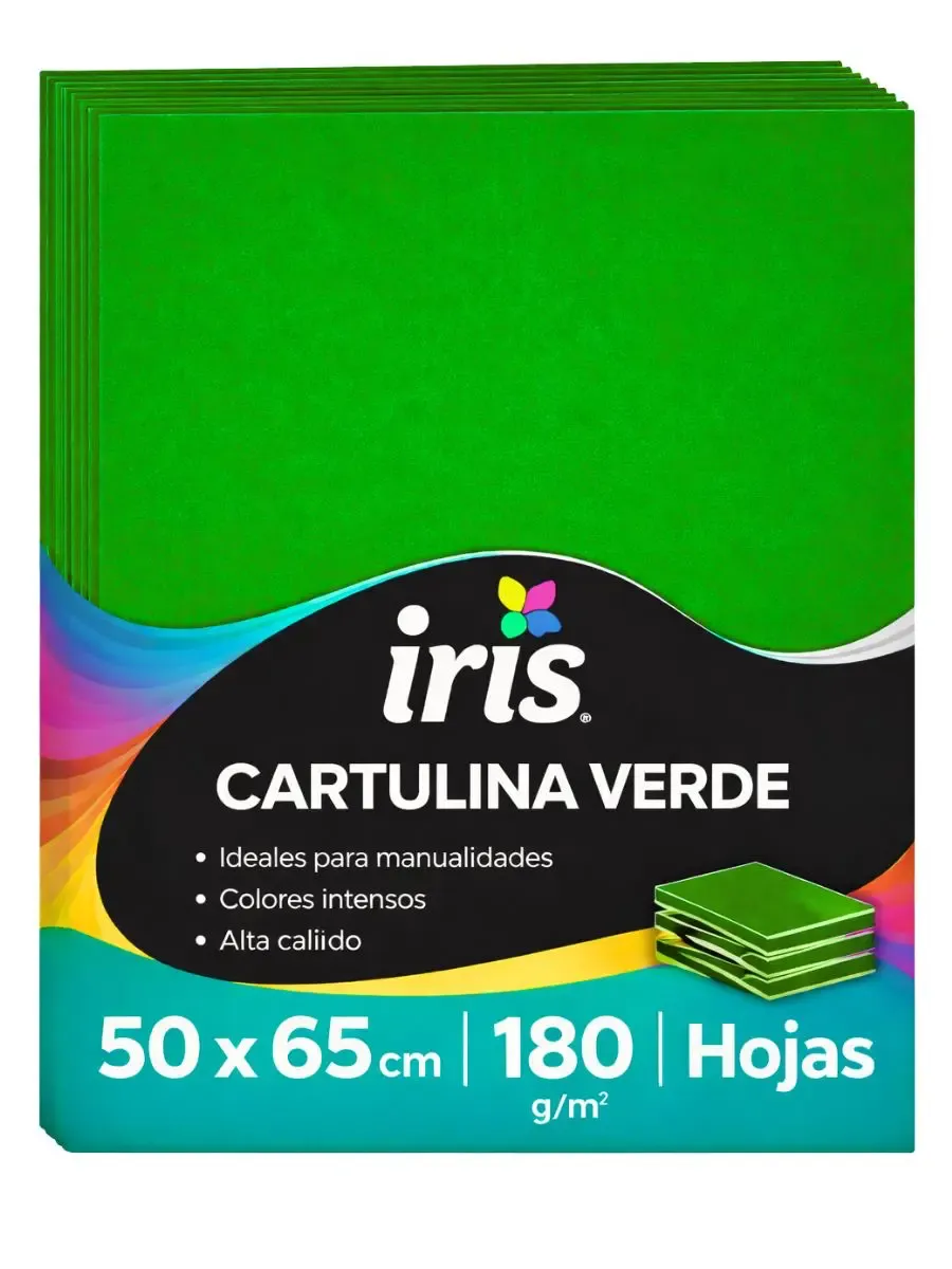 Cartulina Iris 50x65 cm 180g (Paq. c/10 pzs) Verde Paquete de 10 cartulinas Iris color verde bandera Padcolor de 180 gramos.