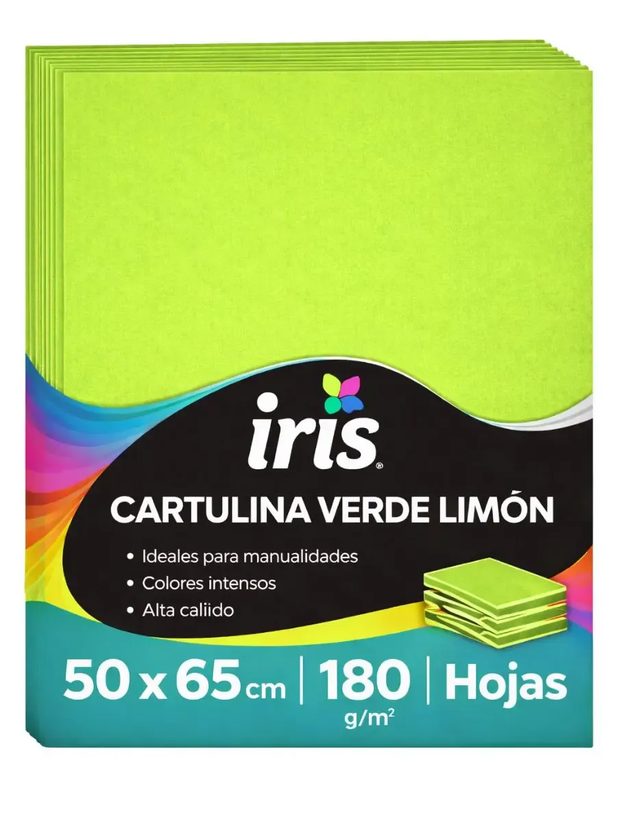 Cartulina Iris 50x65 cm 180g (Paq. c/10 pzs) Verde Paquete de 10 cartulinas Iris color verde limón Padcolor de 180 gramos.