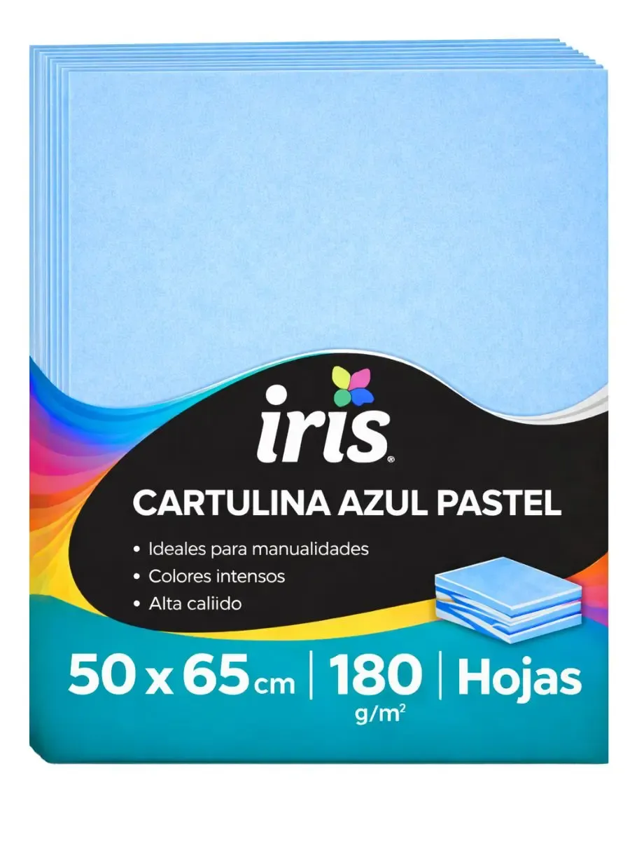 Cartulina Iris 50x65 cm 180g (Paq. c/10 pzs) – Azul cielo Paquete de 10 cartulinas Iris color azul cielo Padcolor de 180 gramos.