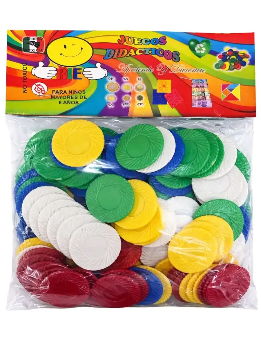 Paquete de fichas plásticas en colores surtidos para conteo.