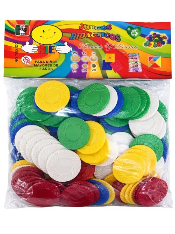 Paquete de fichas plásticas en colores surtidos para conteo.