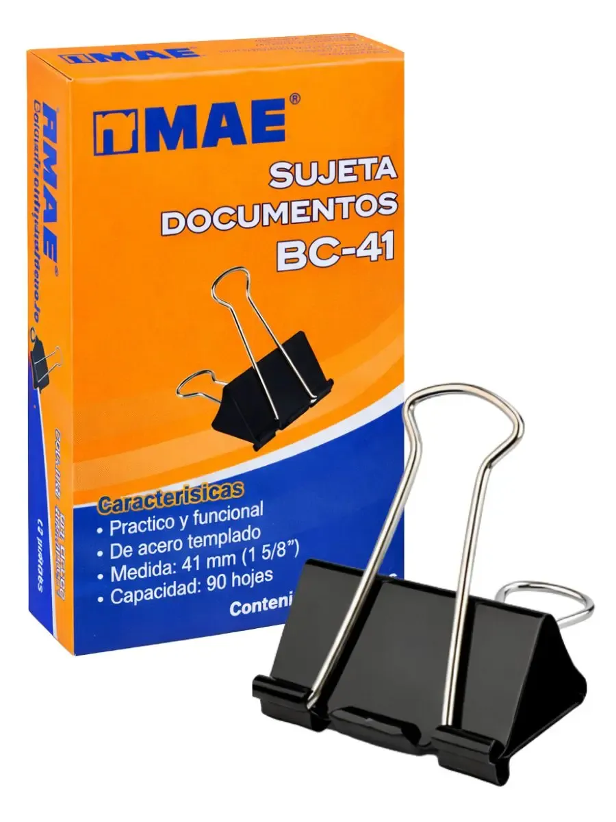 Caja de 12 sujetadocumentos MAE de 41 mm color negro