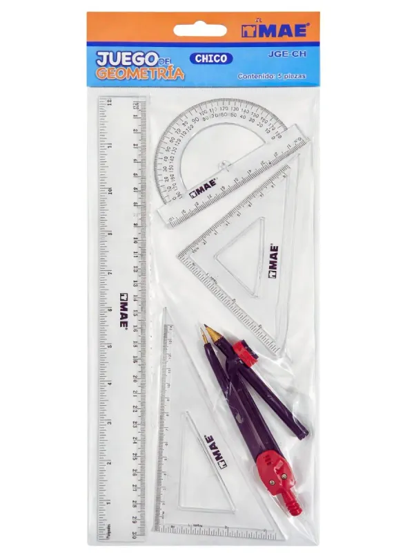 Juego de Geometría MAE (JGE-CH) – Regla 30 cm Juego de geometría MAE con regla de 30 cm y accesorios.