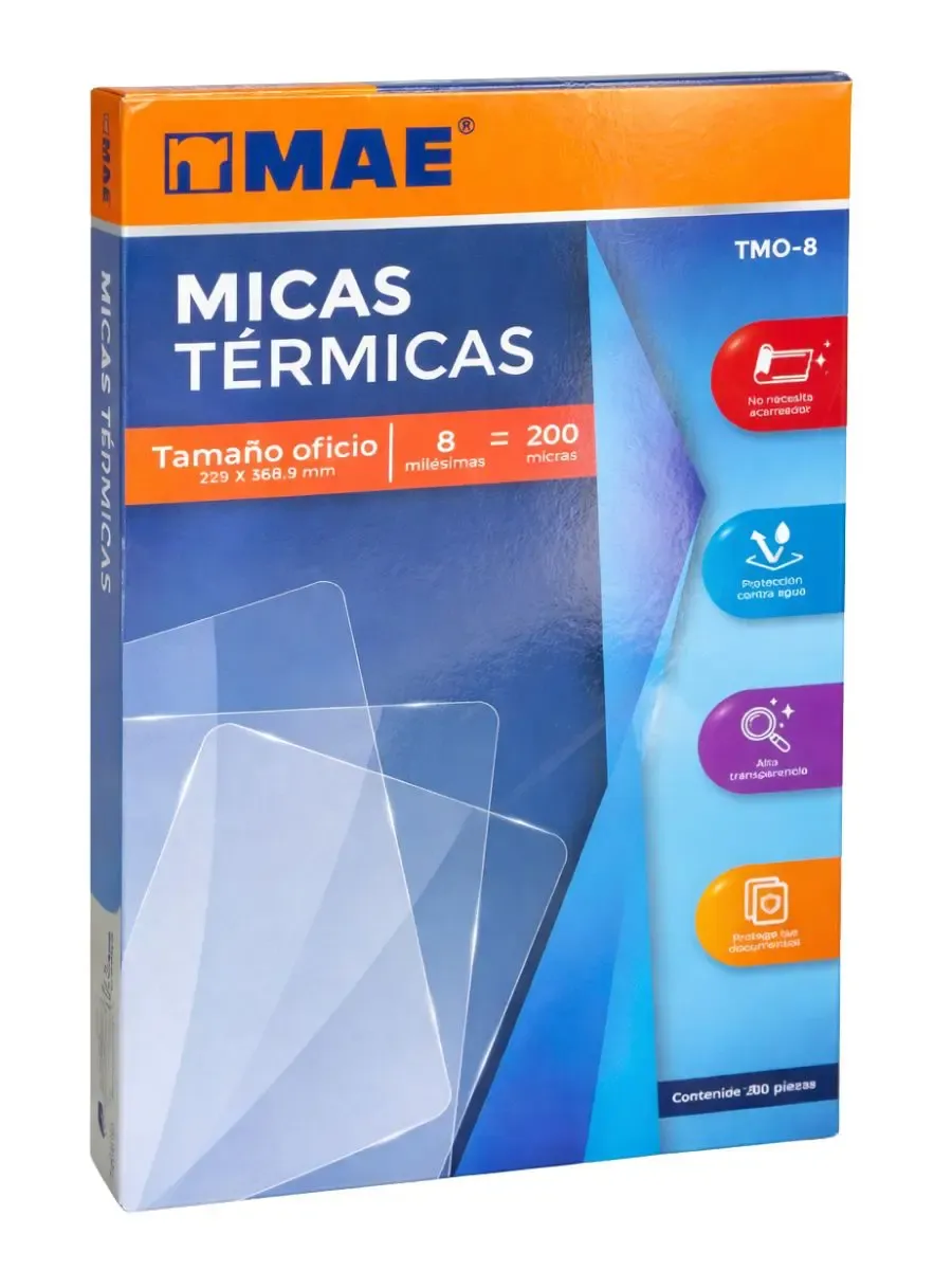 Empaque de 50 piezas de mica térmica MAE tamaño oficio 8 Mil.