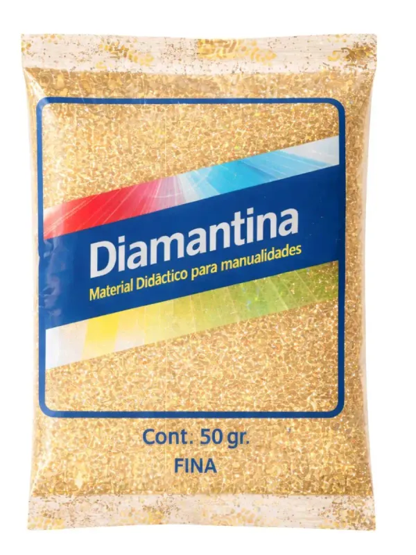 Diamantina Fina Saira Oro Claro– Bolsa con 50 gr Bolsa de 50 gr de diamantina fina Saira color oro intenso.