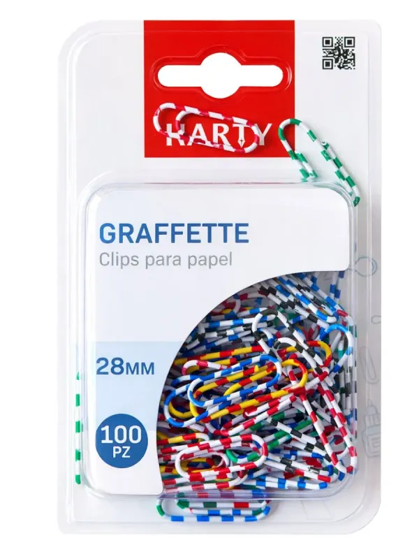 Clips para Papel HARTY – 28 mm, 100 pzas (Colores) Caja de 100 clips Harty de colores 28mm para venta al mayoreo en Papelerías Mérida