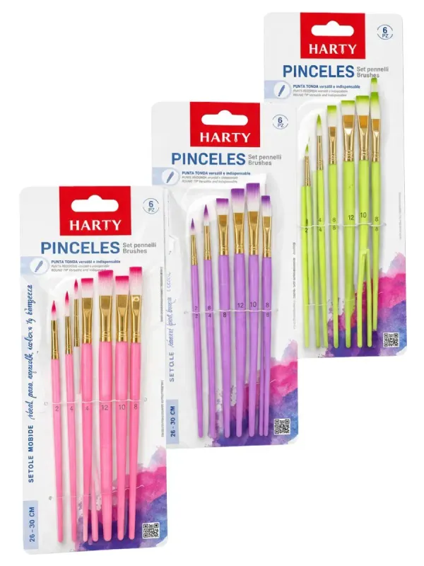 Set de 6 pinceles punta plana y circular marca Harty al mayoreo en Papelerías Mérida