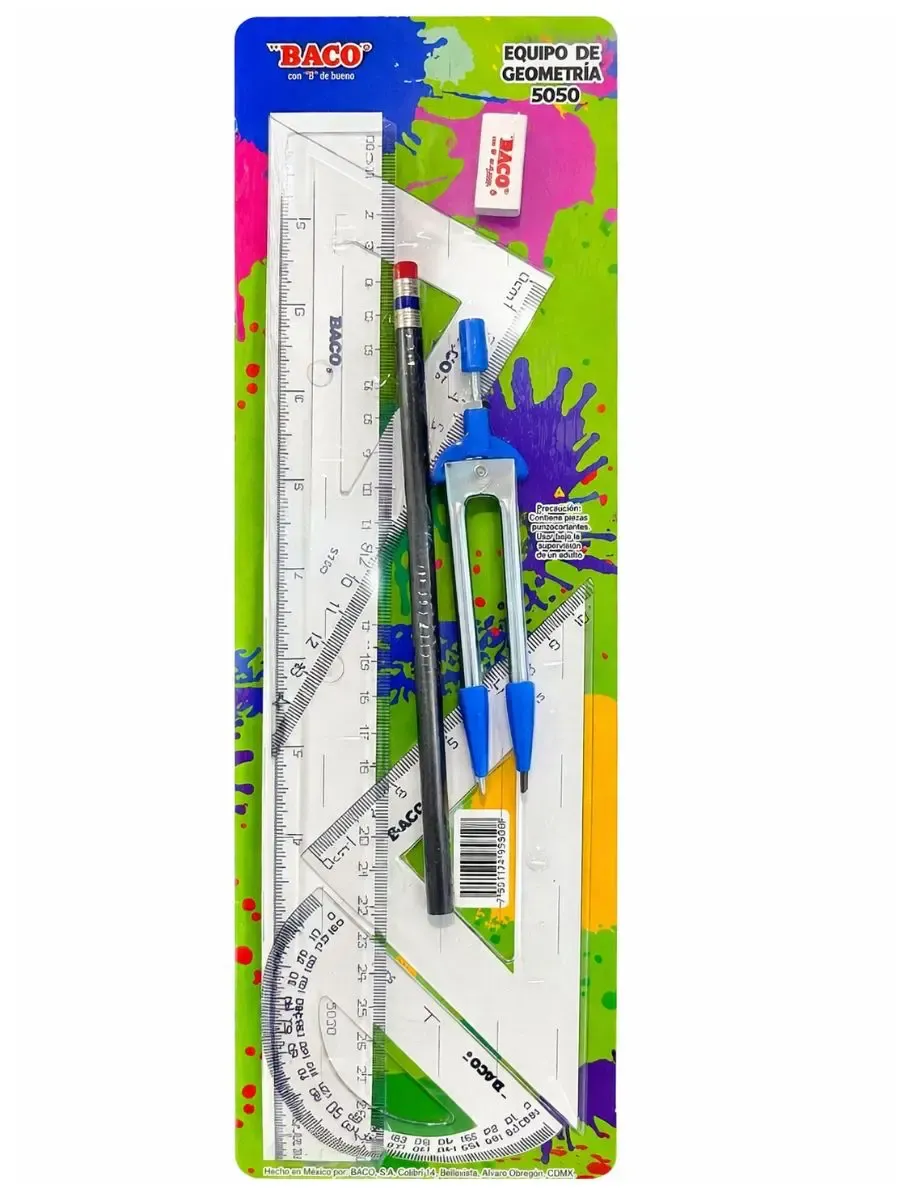 Juego de geometría Baco 5050 con compás en Papelerías Mérida