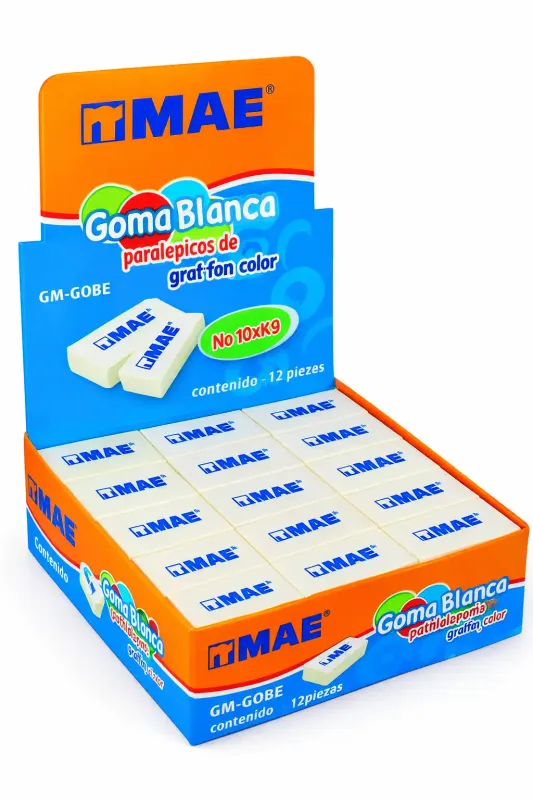 Caja de 60 gomas blancas MAE para venta individual nacional.