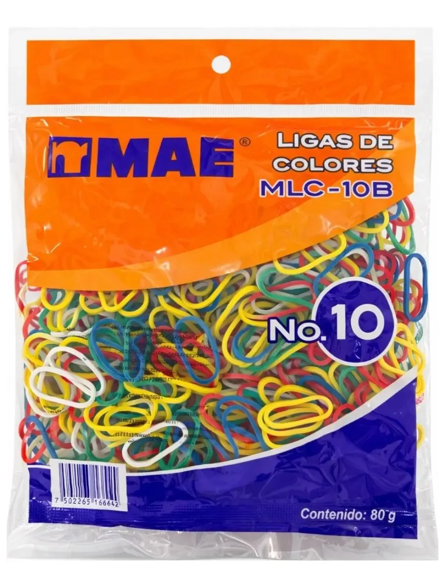 Bolsa de 80g ligas de hule colores MAE No. 10 para mayoreo nacional.