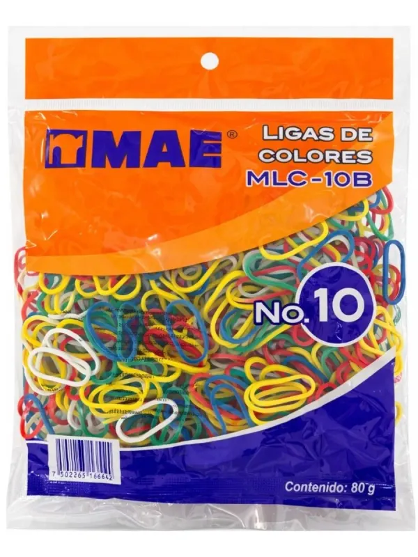 Bolsa de 80g ligas de hule colores MAE No. 10 para mayoreo nacional.