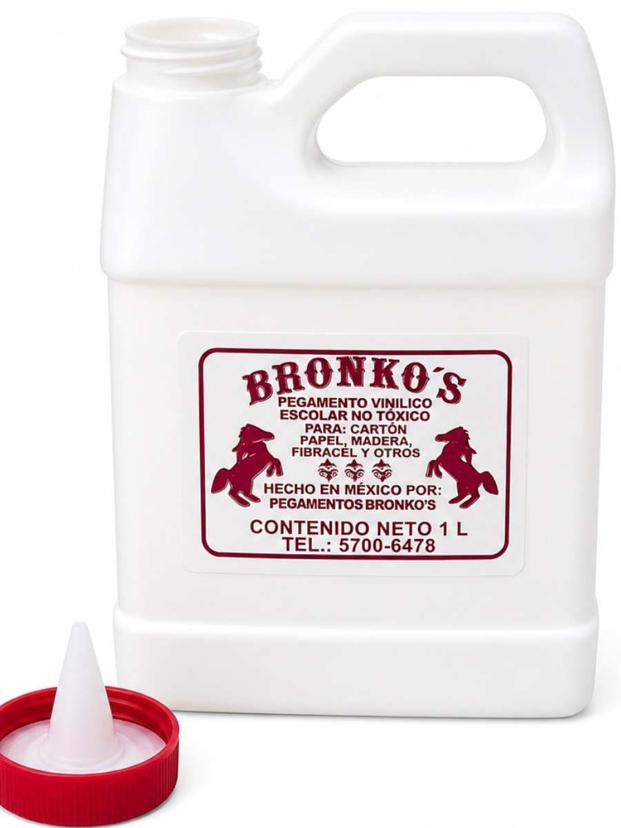 Pegamento líquido blanco Bronkos de 1 litro para uso institucional.