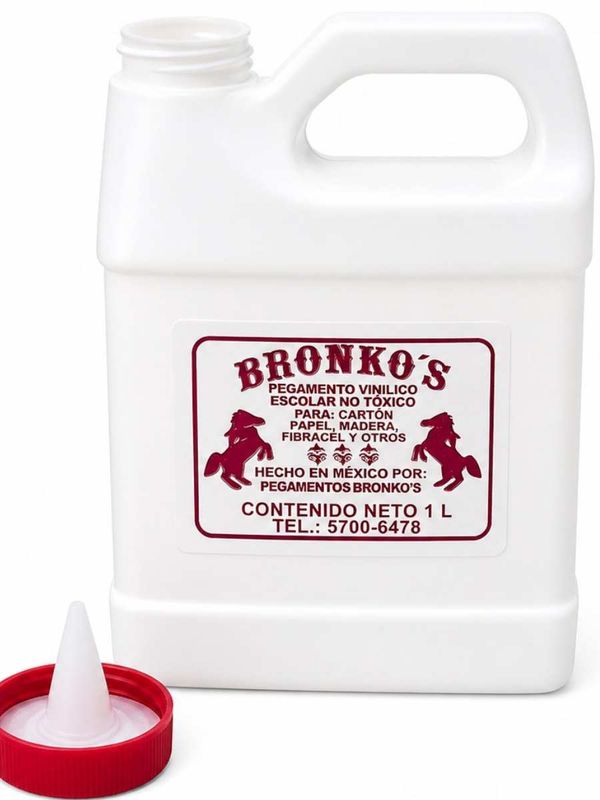 Pegamento líquido blanco Bronkos de 1 litro para uso institucional.