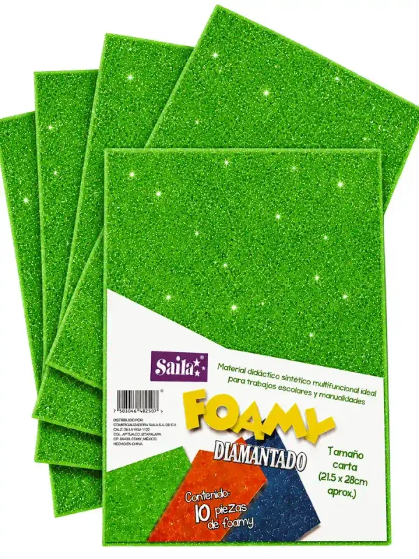 Foamy Carta Diamantado Verde Limón #08 Saira – c/10 pzas Paquete de 10 hojas de foamy diamantado Saira verde limón #08 carta.