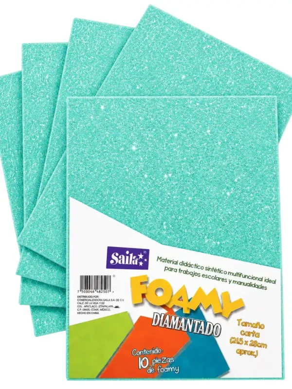 Foamy Carta Diamantado Verde Aqua #45 Saira – c/10 pzas Paquete de 10 hojas de foamy diamantado Saira verde aqua #45 carta.
