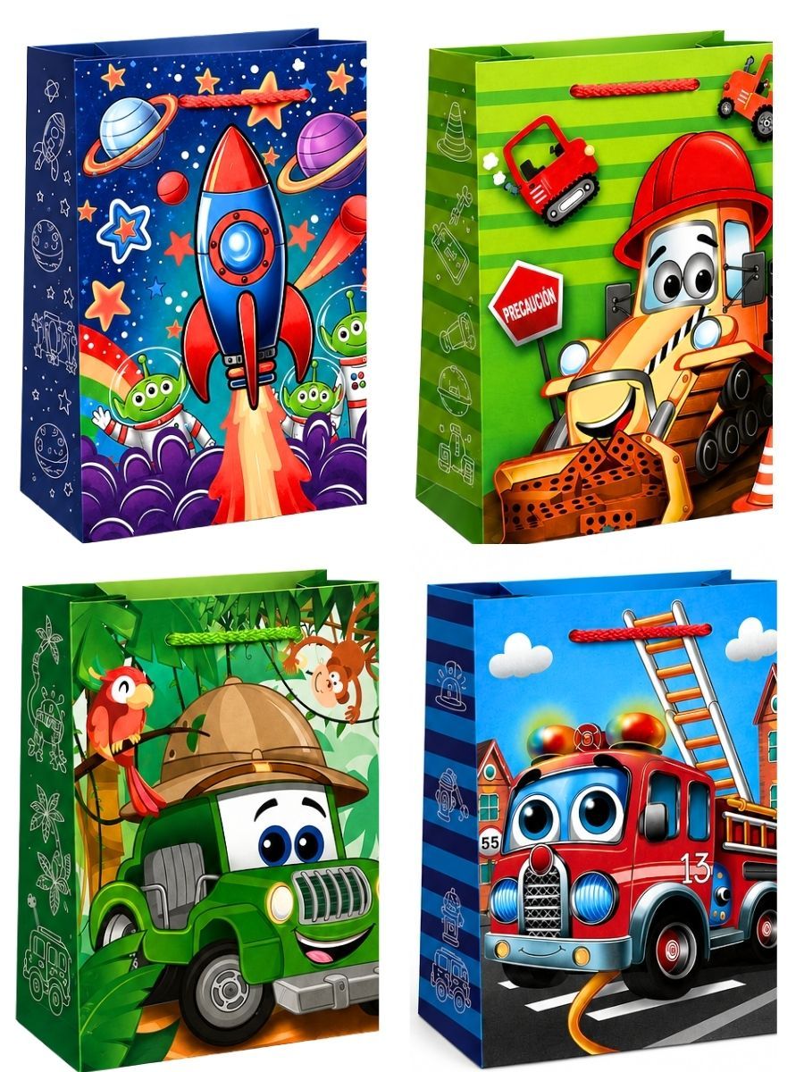 Paquete de 10 bolsas de regalo medianas con diseños para niño.