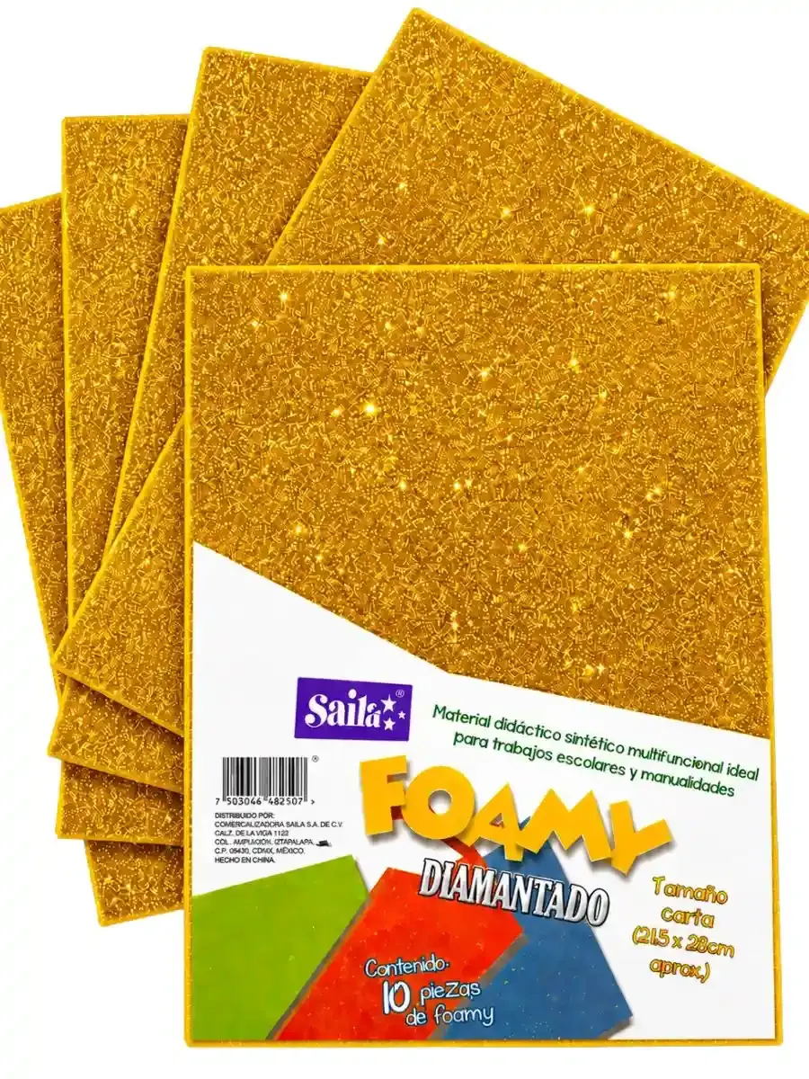 Paquete de 10 hojas de foamy diamantado color dorado tamaño carta.