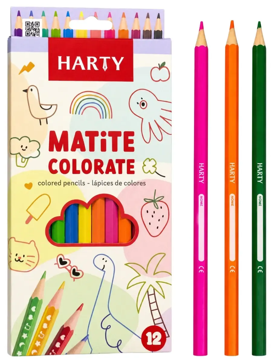 Caja de 12 lápices de colores Harty para uso escolar.