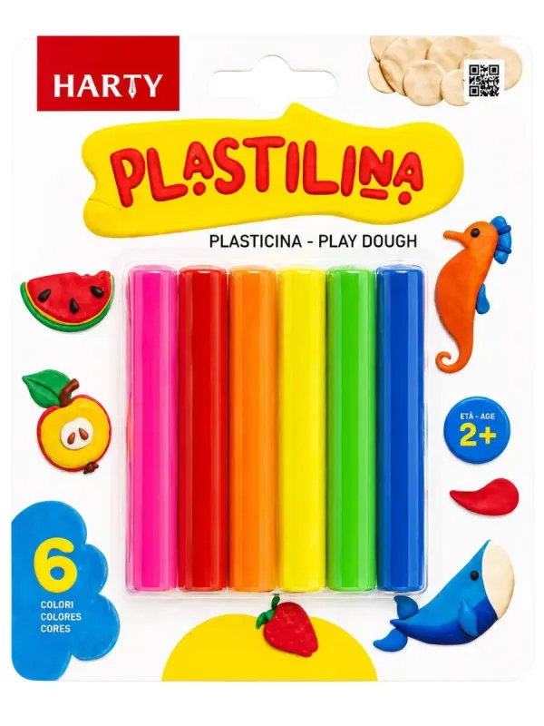 Barra de plastilina Harty de 70g en colores primarios vibrantes.