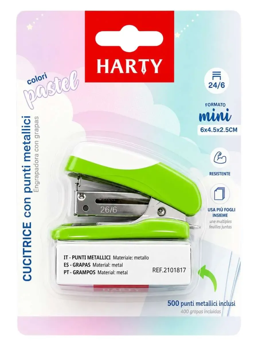 Engrapadora mini marca Harty con caja de grapas estándar.