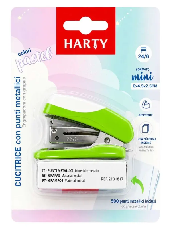 Engrapadora mini marca Harty con caja de grapas estándar.