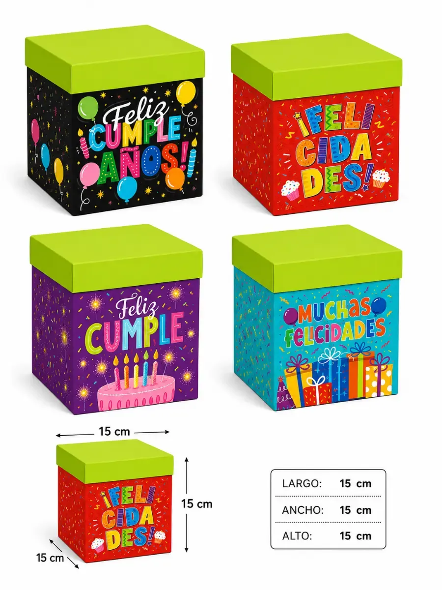 Set de 4 cajas cubo decoradas para fiesta de 15x15 cm.