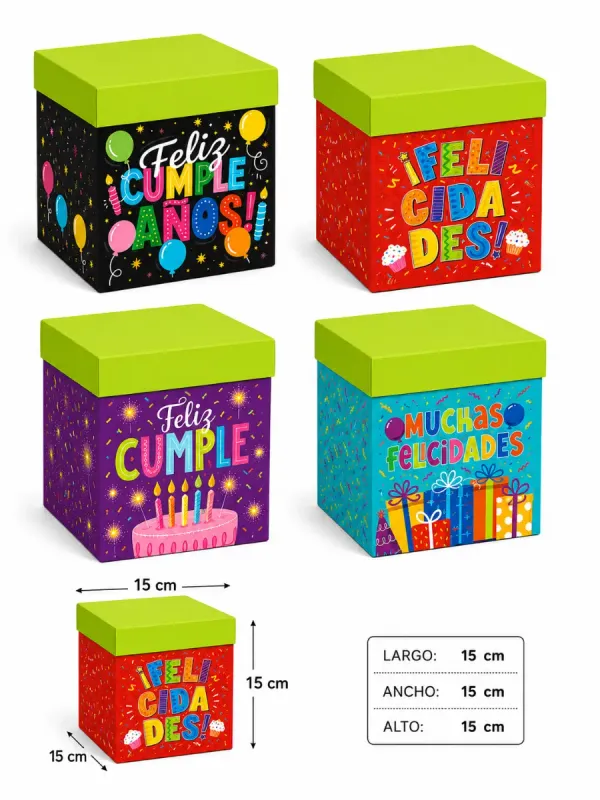 Set de 4 cajas cubo decoradas para fiesta de 15x15 cm.