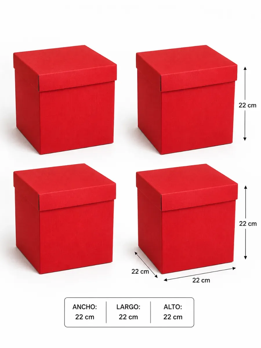 Set de 4 cajas cubo color rojo liso de 22x22 cm.