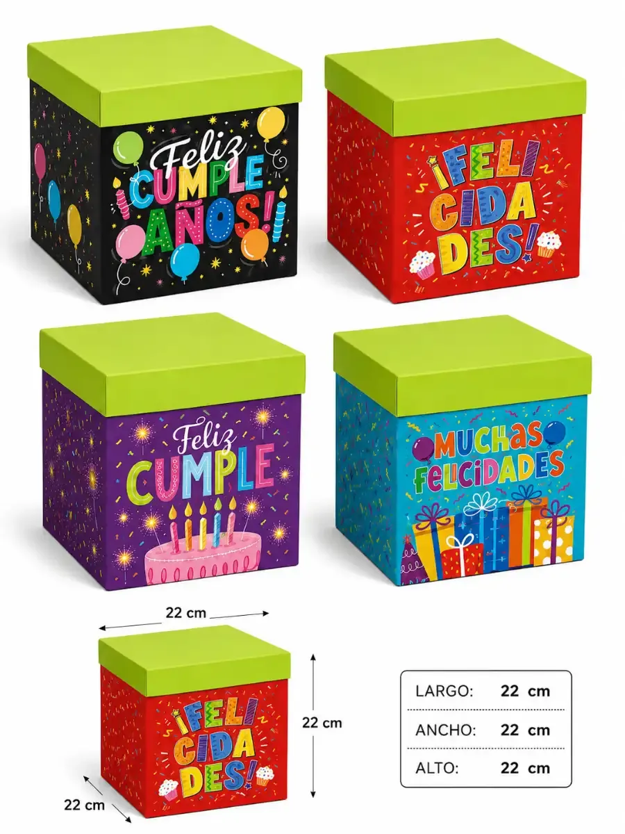 caja cubo fiesta 22cm mayoreo mexico paquete 4 piezas