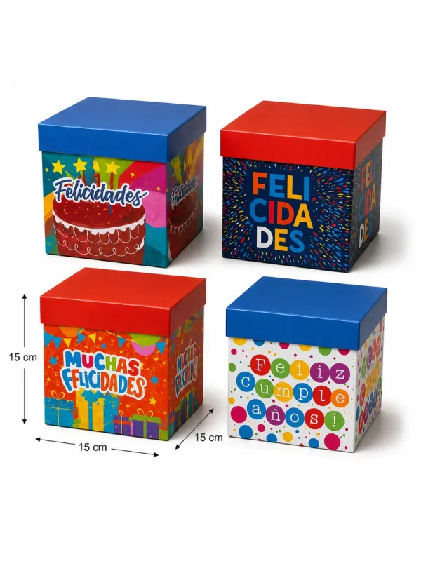 caja cubo cumpleaños 15cm mayoreo mexico paquete 4 piezas
