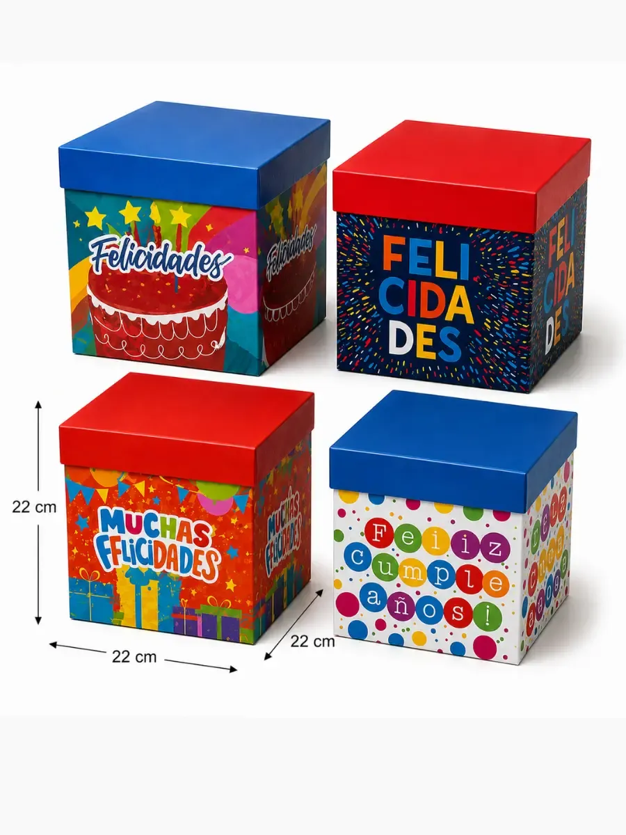 caja cubo cumpleaños 22cm mayoreo mexico paquete 4 piezas