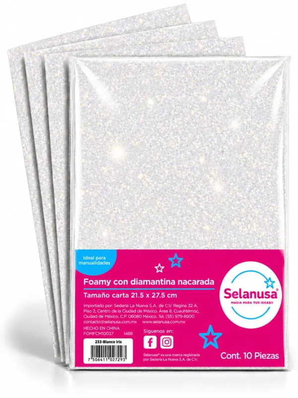 Foamy diamantado blanco Selanusa paq 10 – Mayoreo Paquete con 10 hojas de foamy carta diamantado blanco Selanusa al por mayor