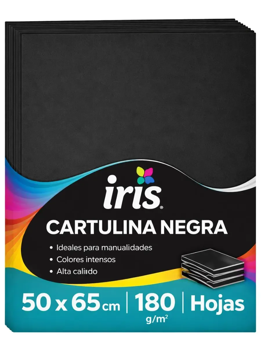 Cartulina Iris 50x65 cm 180g (Paq. c/10 pzs) – Negro Paquete de 10 cartulinas Iris negras Padcolor de 180 gramos.