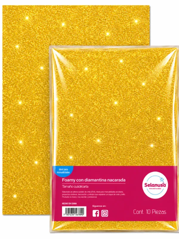 Paquete con 5 piezas de foamy con diamantina amarillo 113 43x56 cm