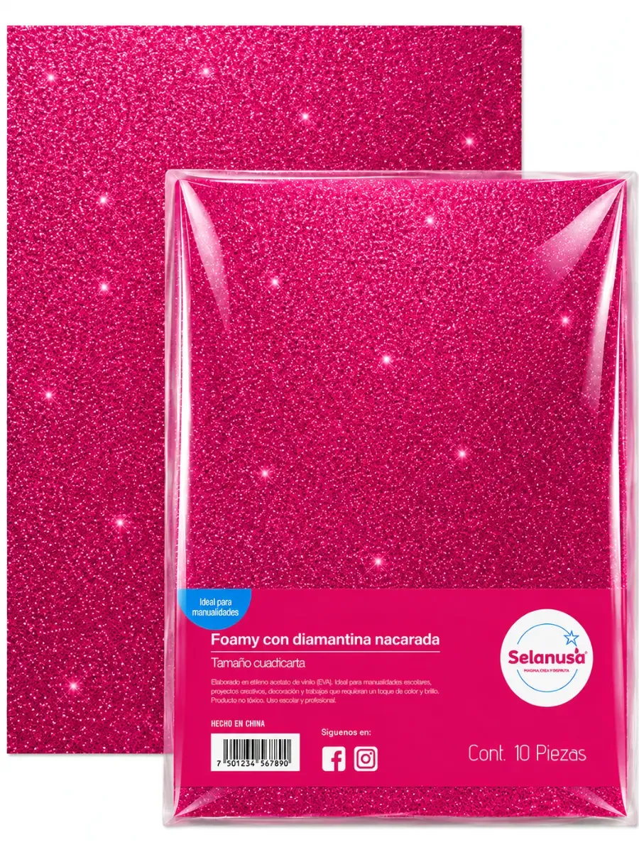 Paquete con 5 piezas de foamy con diamantina fucsia 106 43x56 cm