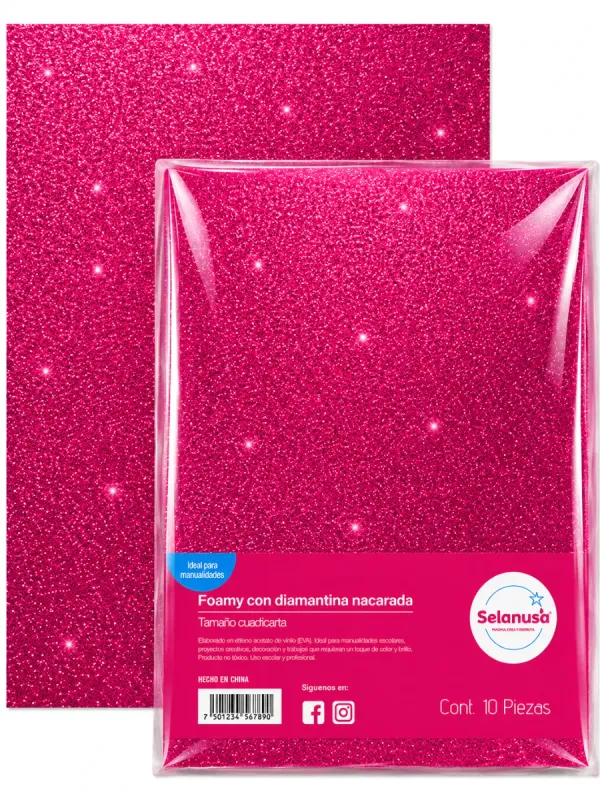 Paquete con 5 piezas de foamy con diamantina fucsia 106 43x56 cm