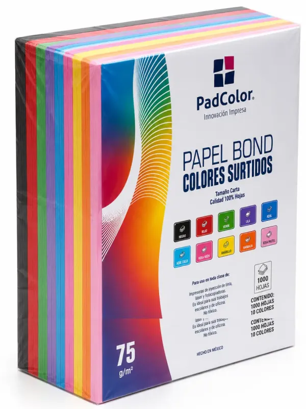 Paquete con 1000 hojas de color surtidas tamaño carta 75g
