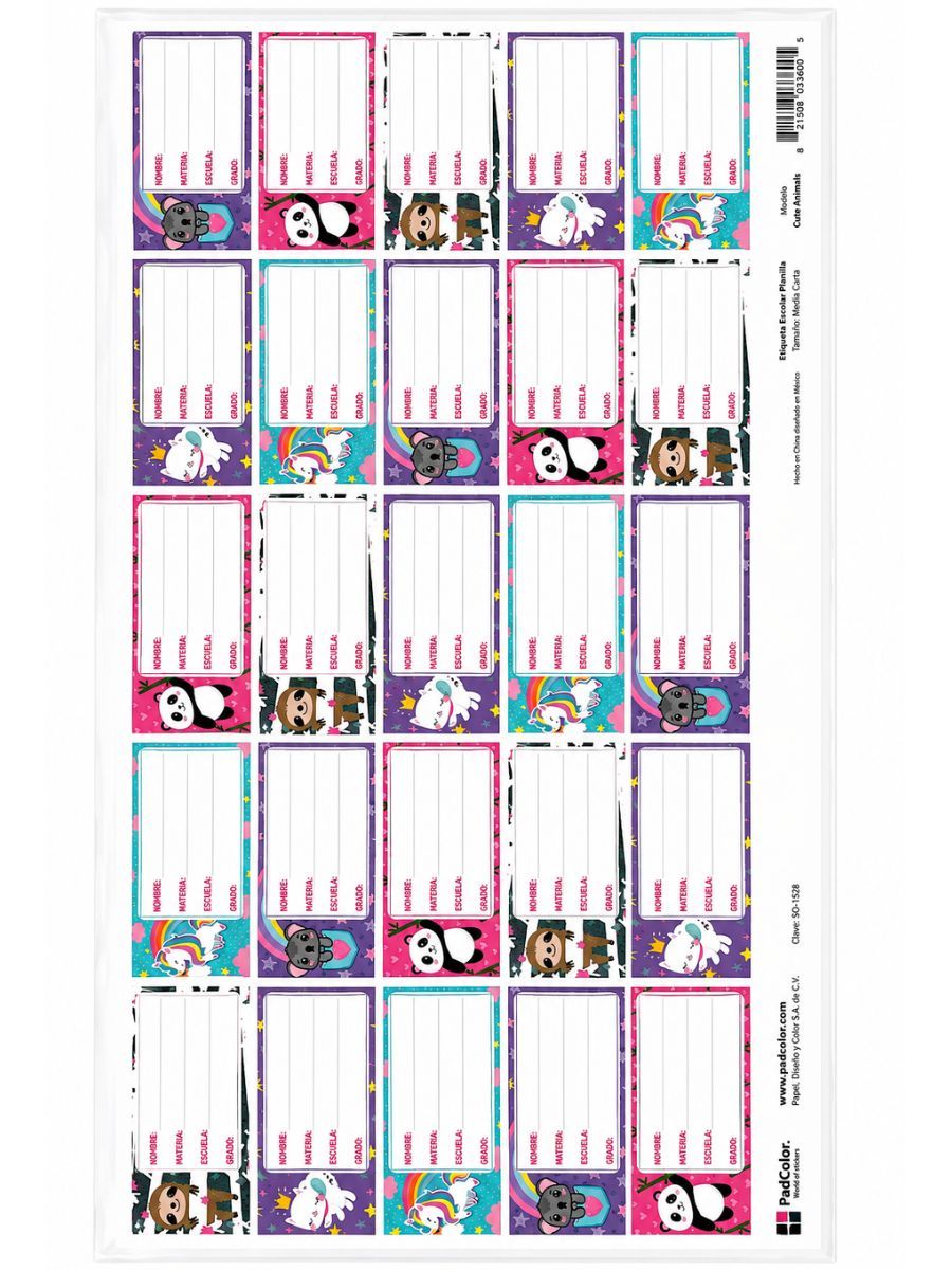 Etiqueta Escolar con 8 Planillas 50cm x 23.5cm