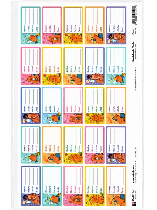 Etiqueta Escolar con 8 Planillas 50cm x 23.5cm