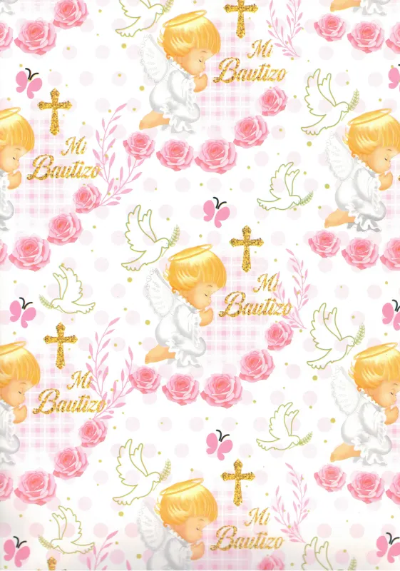 Papel de Regalo Mi Bautizo Rosa 69x51cm 10 pzs Papel de regalo Mi Bautizo rosa 10 piezas
