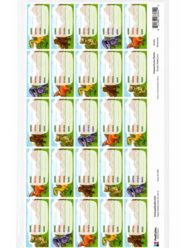 Planillas de etiquetas escolares diseño dinosaurio Pad Color