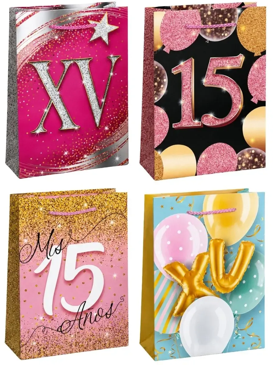 Bolsas de regalo medianas diseño XV ilusiones pack 9 precio mayoreo
