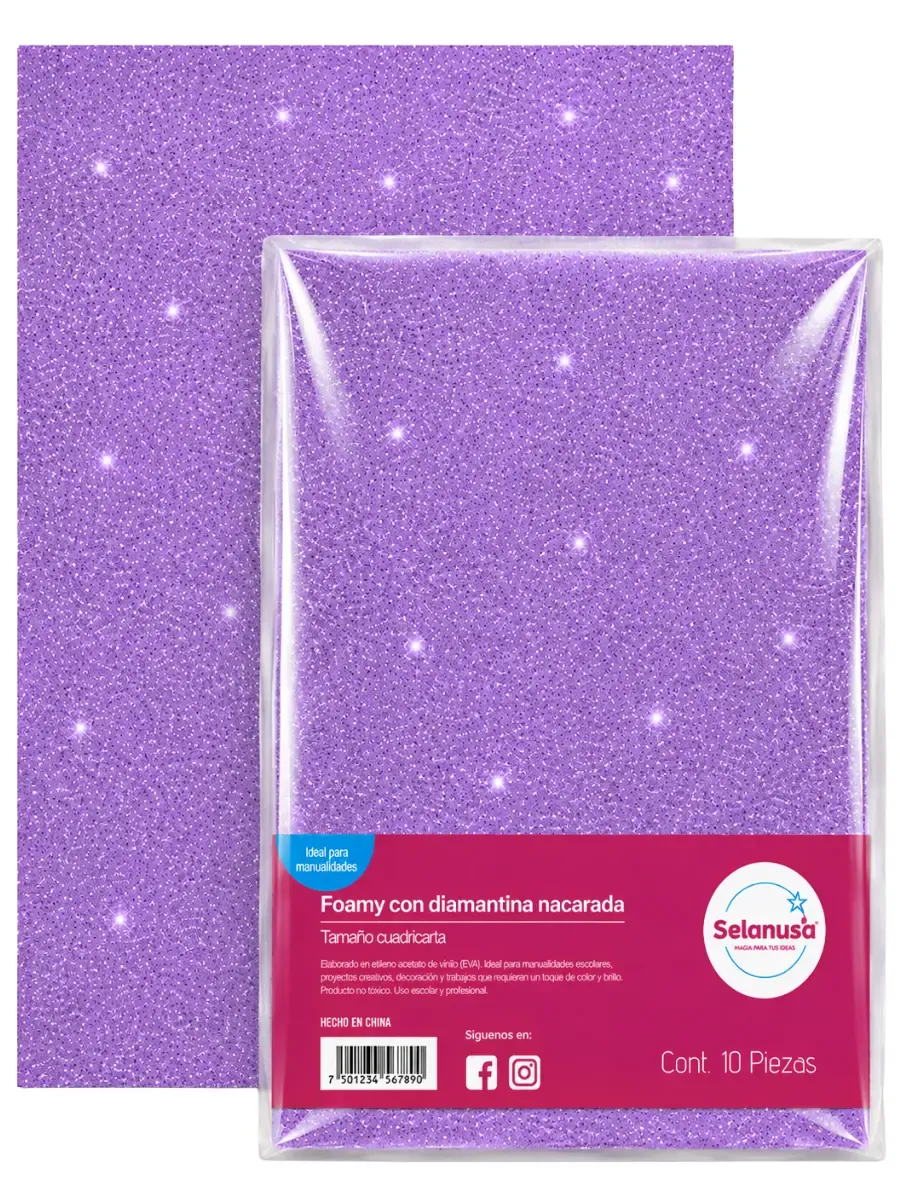 Foamy con Diamantina (Paq. 5 pzas) Lila 118 – 43×56 cm Paquete con 5 piezas de foamy con diamantina lila 118 43x56 cm