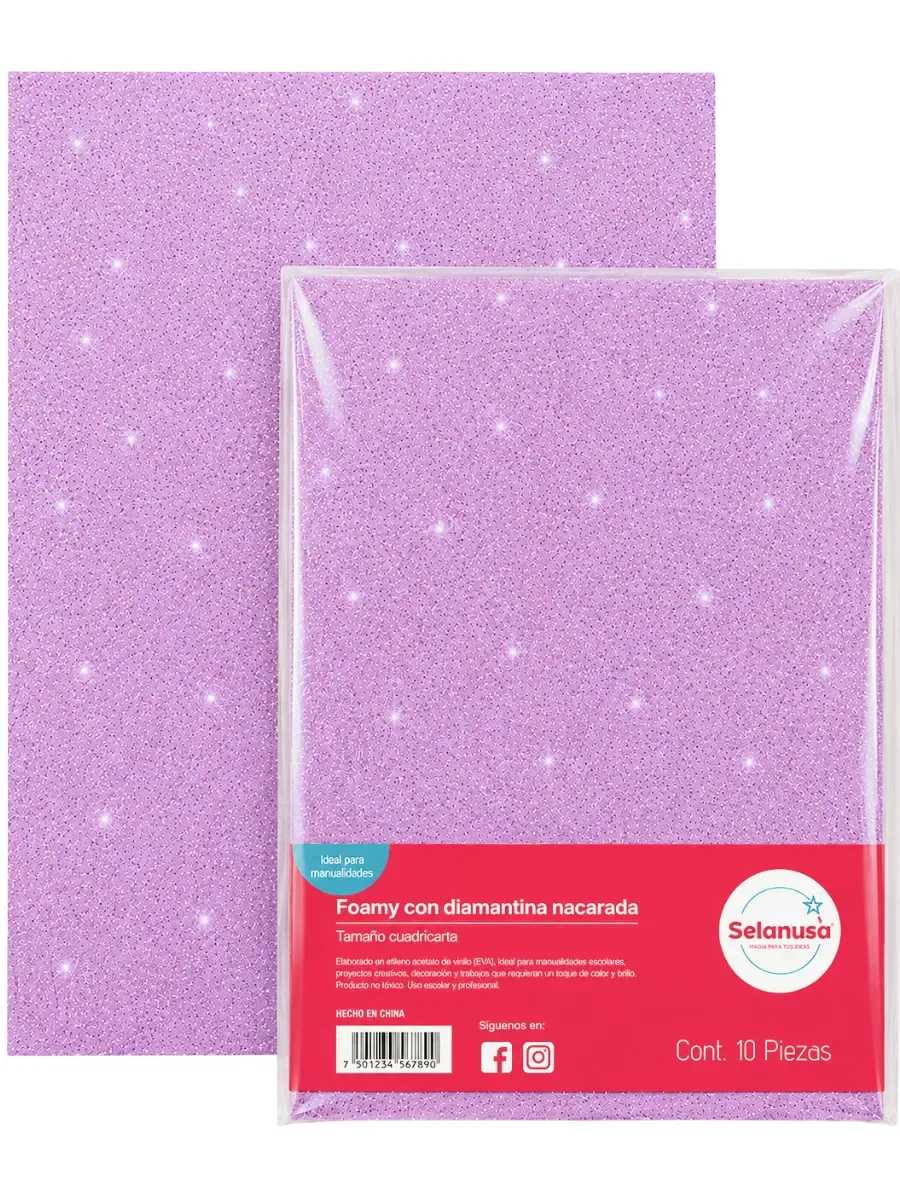 Foamy con Diamantina (Paq. 5 pzas) Lila 008 – 43×56 cm Paquete con 5 piezas de foamy con diamantina lila 008 43x56 cm