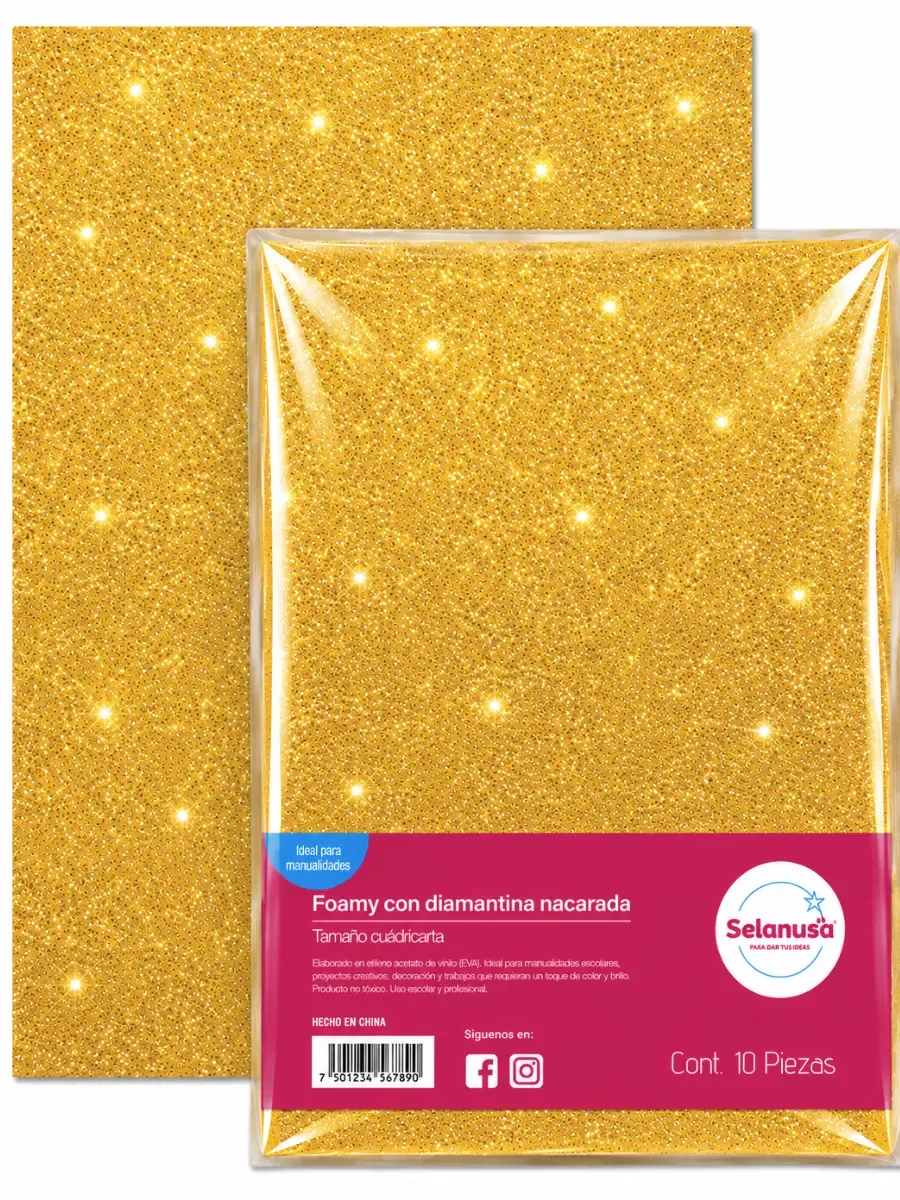 Paquete con 5 piezas de foamy con diamantina oro fuerte 43x56 cm