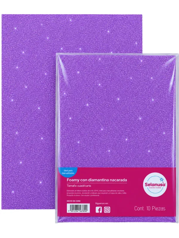 Paquete con 5 piezas de foamy diamantado morado 220 43x56 cm stock merida