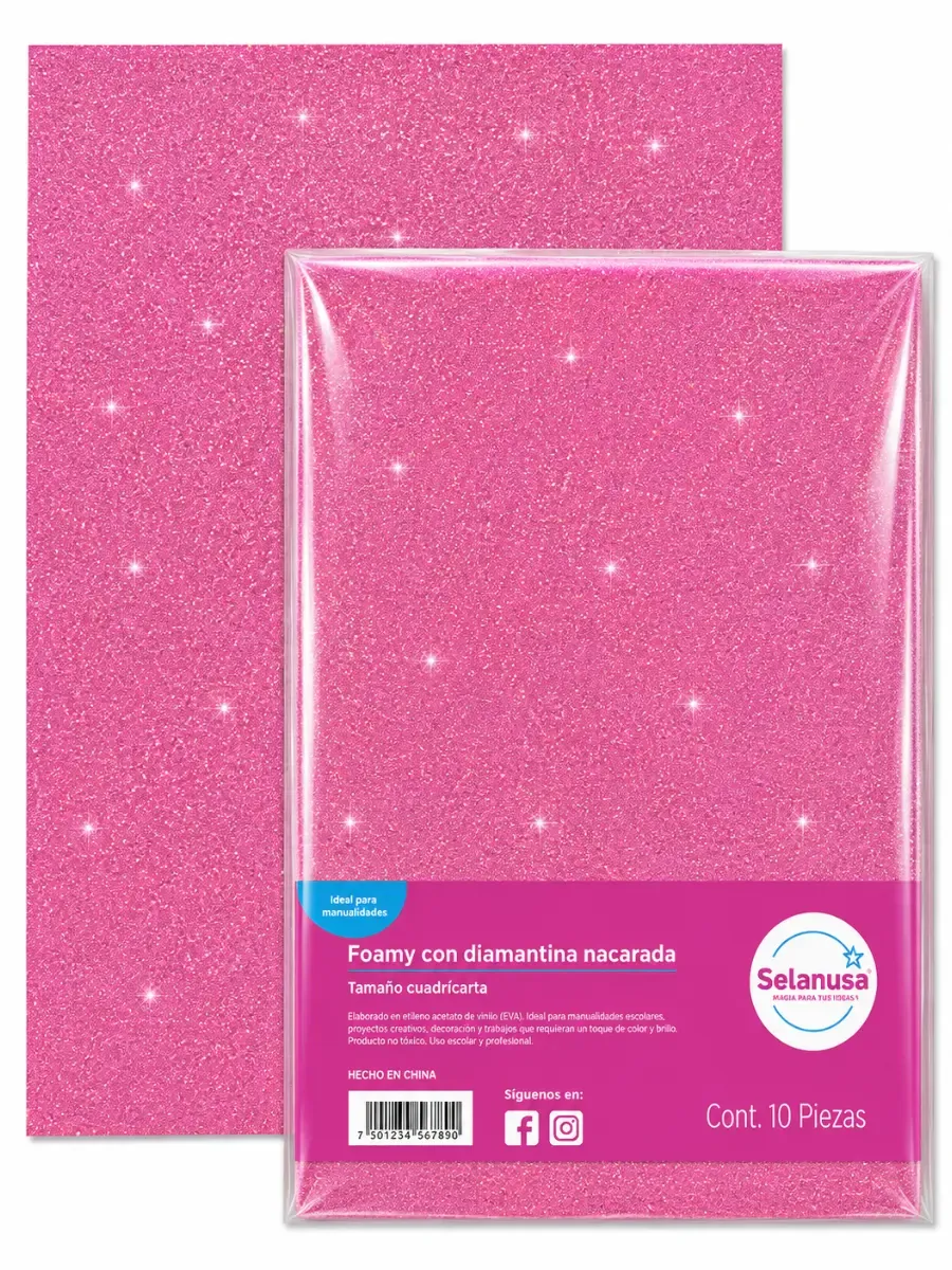 Paquete con 5 piezas de foamy con diamantina fucsia 233 43x56 cm