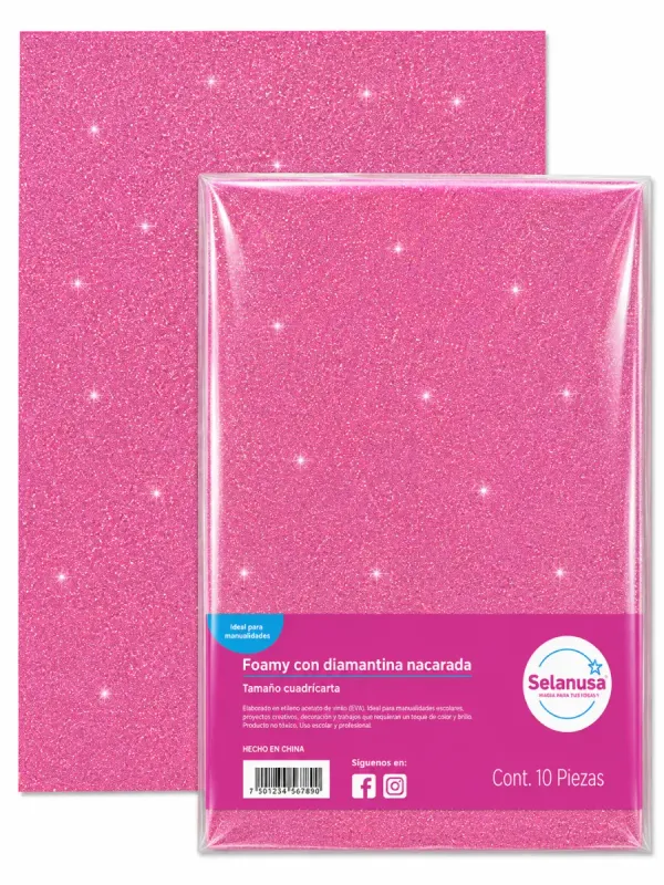 Paquete con 5 piezas de foamy con diamantina fucsia 233 43x56 cm